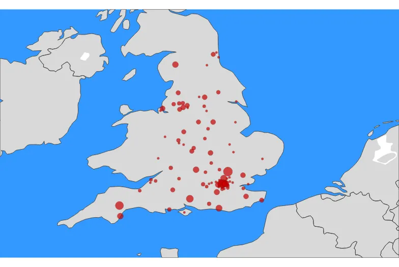 Confirmed Cases of Coronavirus in England with Scattergeo